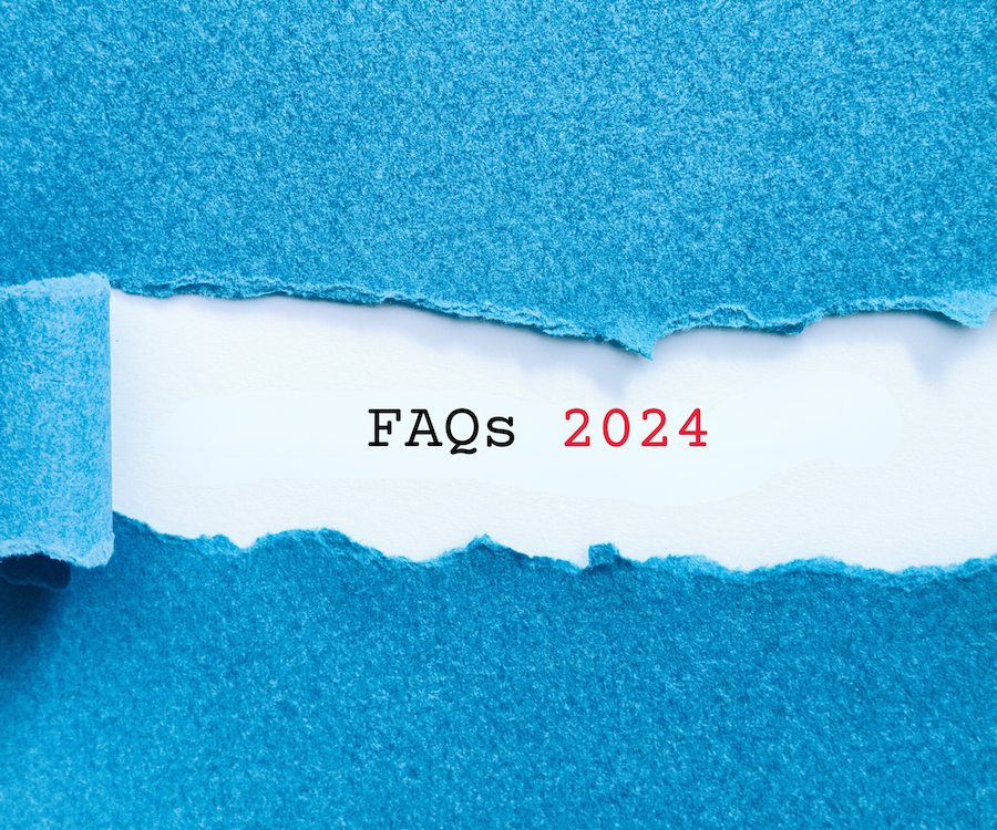 Blue paper torn open to reveal the words “FAQs 2024” on a white background.
